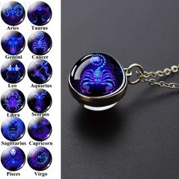 Other 12 Zodiac Signs Pendant Necklace Double Side Glass Ball Necklace Men Women Fashion Constellation Jewelry Birthday Gift L24313