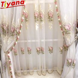 Curtains White Embroidery Flowers Curtains for Living Room Chinese Classical Peony Window Screen Panels for Bedroom Tassel Tulle T