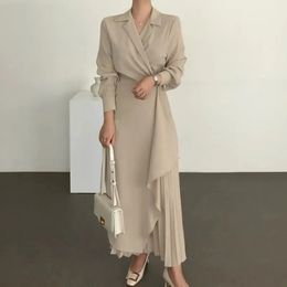 Womens dress 2023 pleated formal elegant shirt long dress office womens Muslim retro solid Colour evening dress 240313