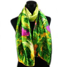 1pcs Women's Fashion Satin Green Leaves Scarves And Pink Flower Oil Painting Long Wrap Shawl Beach Silk Scarf 160X50cm192r