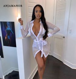 ANJAMANOR See Through Fishnet Mesh Dress Women Sexy Club Dresses Deep V Neck Long Sleeve Mini Bodycon Dress D37AE33 Y2004185039783