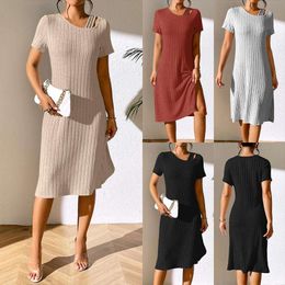 Womens Solid Colour Dresses Sexy Split Slim Fit Sheath Short Sleeved Dress