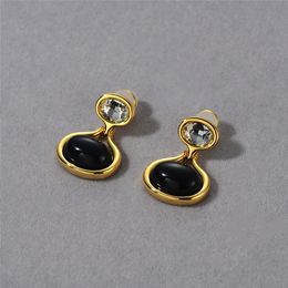 European and American Fashion Commuting High-end Metal Copper Plated 18K Real Gold Inlaid Black Agate Diamond Earrings with Retro Personality Earrings