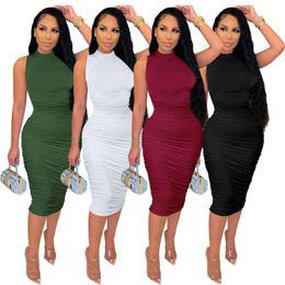 Spring And Summer Womens Casual Dresses Pure Color Half Collar Sleeveless Sheath Pleated Dress