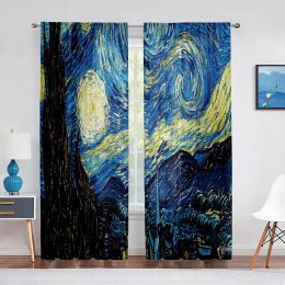 Curtains Starry Night Voile Curtain Printed Van Gogh Stars Art Decorative Chiffon Tulle Curtains for Living Room Bedroom Kitchen Decor