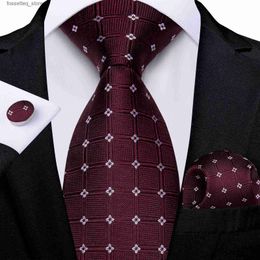 Neck Ties Dark Red Plaid Silk Ties for Men Classic 8cm Business Wedding Party Accessories Pocket Square Cufflinks Gift DiBanGu Dropship L240313