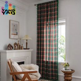 Curtains Christmas Gird Design Curtain with Green Tassel Semi Blackout Blind Bohemian Bedroom Decor Bay Window Living Room Divider TJ7028