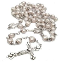 Religious Natural Freshwater Pearl Rosary High Quality Curved Needle Cross Necklace Catholic And Can Be Given As Gift Can Prayer 240301