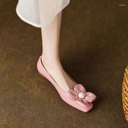 Dress Shoes 2024 Spring Women Pumps Natural Leathe 22-24.5cm Cowhide Pigskin Square Toe Pearl Flower Low Heels Lolita Sweet