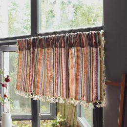 Curtains Boho National Style Tulle Sheer Stripes Embroidered Short Roman Window Curtain for Home Decor in the Kitchen Cafe Curtain