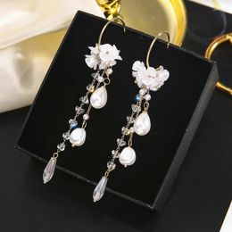 Dangle Earrings 2024 Korean Fashion Women Flower Water Drop Pearl Long Tassel Earring Charm Wedding Anniversary Jewelry Gifts