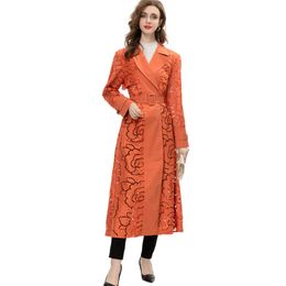 Women's Runway Trench Coats Notched Collar Long Sleeves Embroidery Hollow Out Fashion High Street Lace Up Belt Designer Outerwear