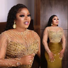 Sexy Arabic Evening Wear Gold Illusion Jewel Neck Long Sleeves Crystal Beads Mermaid Plus Size Celebrity Dresses Party Gowns