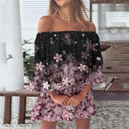 Casual Dresses Women Comfortable Off Shoulder Sundress Loose Floral Print Boho Dress Bell Sleeve Blouse Mini With Mid Long