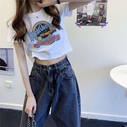 Cotton Short Sleeved T-shirt for Women with Summer Design Sense, Niche American Spicy Girl Instagram Short Top Paired with High Waisted Wide Leg Pants