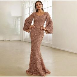 Casual Dresses Sequin Shinny Evening Prom Dress Women Flare Sleeve Maxi Elegant Mid Waist Long Party Gown Wedding Guest