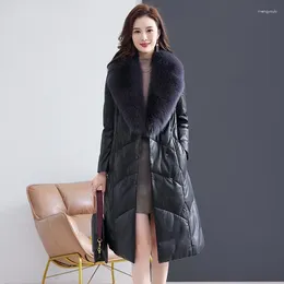 Women's Leather High End Down Jacket For Women Mid Length Coat Sheep Skin Fur Collar Genuine