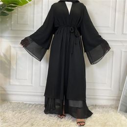 Ethnic Clothing Eid Ramadan Chiffon Open Abaya Dubai Turkey Kaftan Muslim Women Kimono Modest Robe Belted Femme Caftan Marocain Islamic