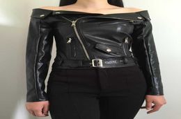 2019 Autumn Women Faux Leather Jacket Off The Shoulder Gothic Black Motorcycle Jackets Zippers Short Goth Female PU Coat3090464