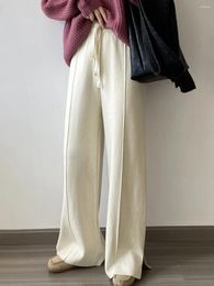 Women's Pants Korean Solid Colour Draped High Waist Knitted Casual For Women Winter Loose Drawstring Wide Leg With Side Slits