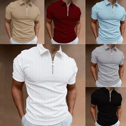 Short sleeved Summer European and American New Polo Shirt Zipper Stripe Short sleeved Mens Polo Shirt 240313