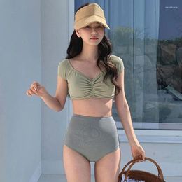 Women's Swimwear High Waist Bikini Set Swimsuit Women Fresh Solid V-neck Split Korea INS Style Spring Push Up Bathing Suit