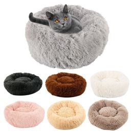 Long Plush Dog Bed Winter Warm Round pet Sleeping Beds Soild Colour Soft Pet Dogs Cat Cushion Mat Drop2359