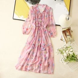 2024 Spring Summer Print Belted Buttons Silk Dress Pink Long Sleeve V-Neck Midi Casual Dresses W4M1317