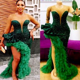 2024 Aso Ebi Dark Green Mermaid Prom Dress Sequined Lace Tiers Evening Formal Party Second Reception 50th Birthday Engagement Gowns Dresses Robe De Soiree ZJ171