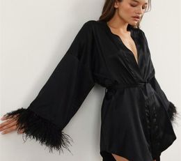 OOTN Feathers Spliced Satin Dress Belt Sexy Robe Party Night Silky Dresses Women Long Sleeve Summer Soft Cosy Home Black Dress 2205020909
