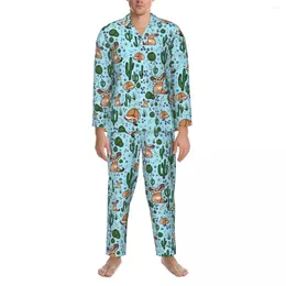 Men's Sleepwear Cute Fennec Pyjamas Set Autumn Cactus Desert Print Fashion Room Man Two Piece Vintage Oversize Nightwear Gift Idea