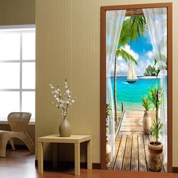 Balcony Sea View 3D Door Sticker Wall Painting Living Room Bedroom Door Wallpaper Wall Stickers Self-adhesive Waterproof Decor 210206K