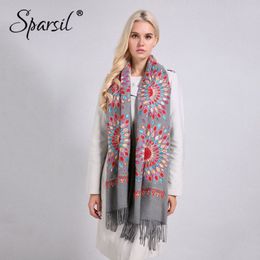 Sparsil Women Quality Soft Cashmere Scarves Sun Flower Embroidery Warm Long Shawls Winter Knitted Scarf All Match Pashmina Wrap S1265P