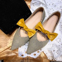 Casual Shoes Mixed Colour Knitting Flat Woman Leather Bowtie Mules Pointed Toe Stripe Weaving Ballet Flats Women Soft Bottom Moccasins