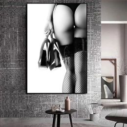 Calligraphy Fashion Sexy Woman Poster Print Girl Half Naked Canvas Painting Black Lips Stocking Picture Modern Wall Art Bathroom Decor Gifts