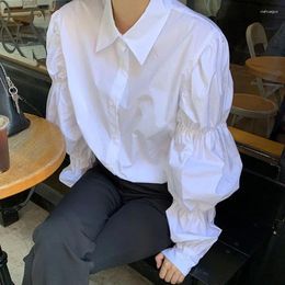 Women's Blouses Hikigawa Chic Fashion Women Korean Early Autumn White Shirts Turn Down Collar Puff Long Sleeve Button Up Blouse Casual TOp