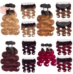 Ombre Bundles With Frontal Closure Peruvian Virgin Body Wave Two Tone Dark Roots Human Hair Weave Honey Blonde Brown Wine Red Colo6627190