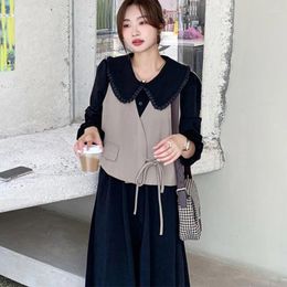 Casual Dresses Vintage Vest Two Piece 2024 Autumn Loose Lace-up Women's Turn-down Collar Preppy Style A-line