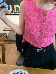 Women's Vests Small Fragrant Tweed O-neck Vest For Women Spring Summer Pink Single Breasted Female Korean Fashion Elegant Sleeveless Tops