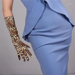 Five Fingers Gloves Leopard Long 40cm Patent Leather Emulation PU Bright Brown Cheetah Animal Pattern Female PU2512233