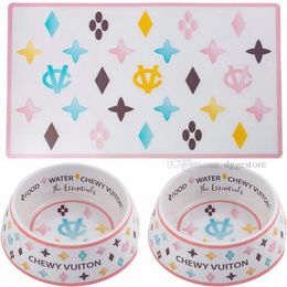 Designer Dog Bowls and Placemats Set Food Grade Non-Skid BPA- Chip-Proof Tip-Proof Dishwasher Safe Malamine Bowls with Fun Bra207O