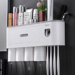 Wall-mounted Magnetic Toothbrush Holder Automatic Toothpaste Dispenser Strong Adsorption Magnetic Cup Bathroom Accessories Sets LJ257B