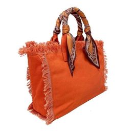 Spring Custom Women Orange Canvas Fringe Tote Bag with Scarf Handles