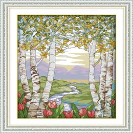 Birches in the summer scenery decor paintings Handmade Cross Stitch Embroidery Needlework sets counted print on canvas DMC 14CT 314G