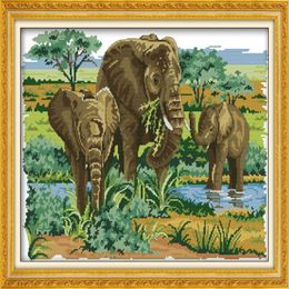 Elephants family foraging Drawing Handmade Cross Stitch Craft Tools Embroidery Needlework sets counted print on canvas DMC 14CT 11242K