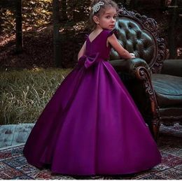 Girl Dresses Girl's Purple Flower Dress For Wedding Girls First Communion Satin Princess Gown With Beading Sash Elegant Kids Dre