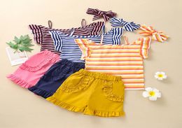 kids Clothing Sets girls outfits children ruffle sleeve stripe TopsshortsHeadband 3pcsset Summer fashion Boutique baby Clothes 4909449