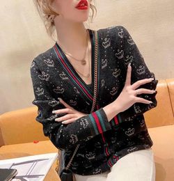 Womens Knits Tees Knitted Cardigan Contrast Color Stripe Crown Pattern V Neck Button Long Sleeves Thin Sweater Whole Female 4654399