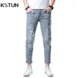 Men's Jeans Hip Hop For Men Light Blue Stretch Skinny Ankle Length Denim Pants Ripped Man 2024 Summer Frayed Patchwork Cowboys