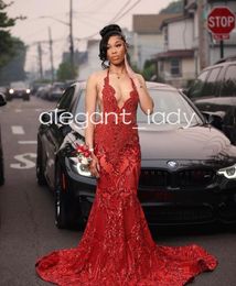 Sparkly Red Long Mermaid Prom Formal Dresses for Women 2024 Luxury Diamond Applique Black Girl Evening Birthday Gala Dress